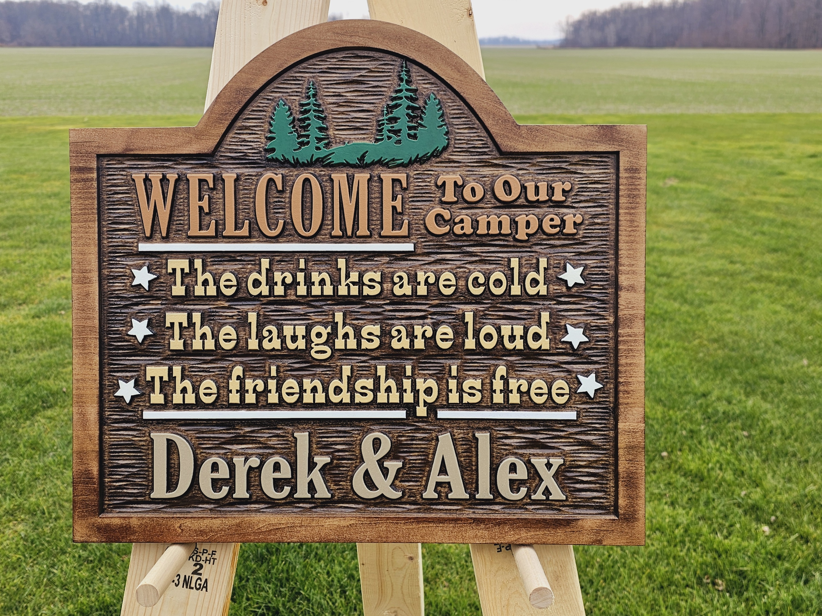 Gold color lever action rifles hunting camp sign